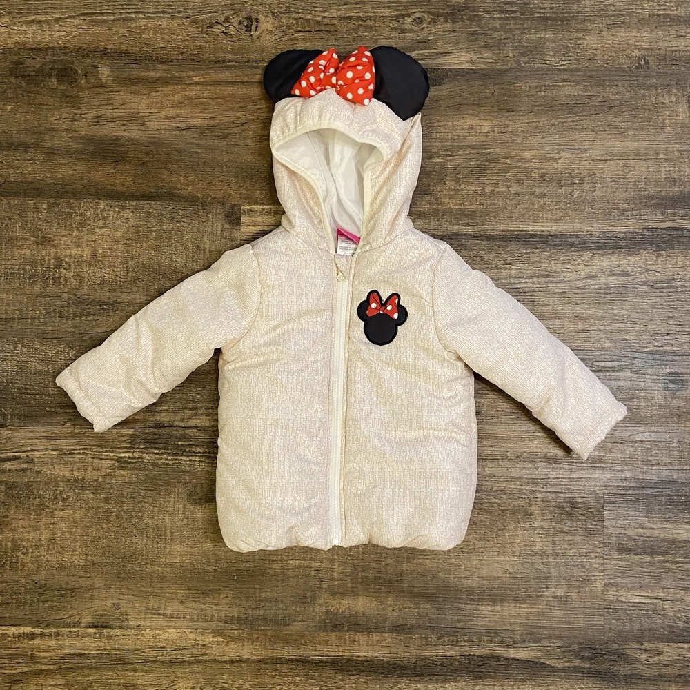 Disney Minnie Mouse Toddler Girl Heavyweight‎ Bow Hooded White Puffer Jacket 2T